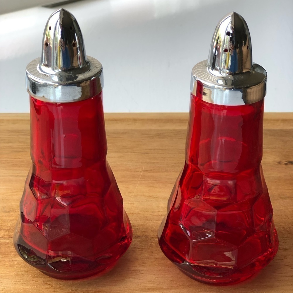 RED faceted vintage Viking glass Salt & pepper shakers